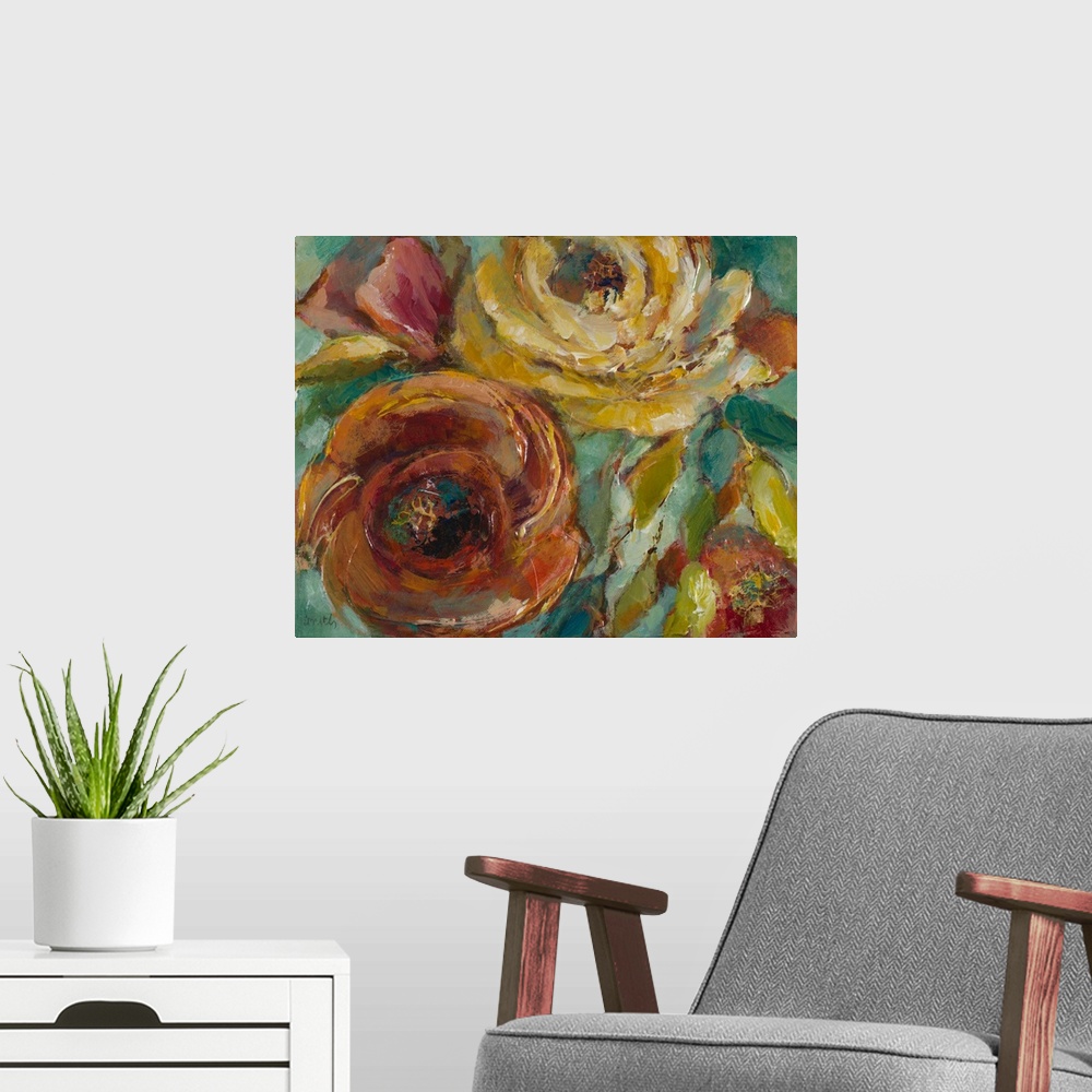 A modern room featuring Contemporary artwork of round flowers in rich tones.