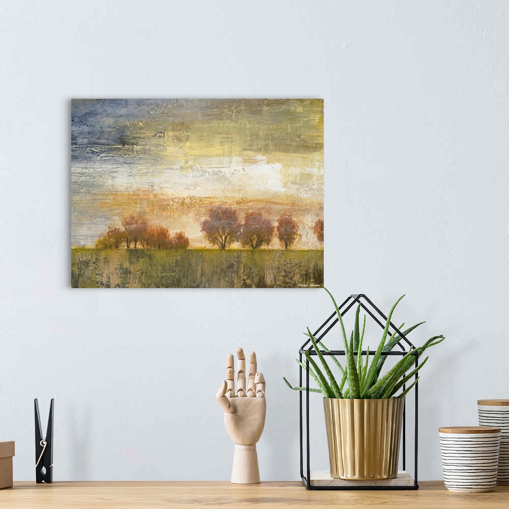 A bohemian room featuring This decorative accent is a stylized landscape painting of several trees growing on an unnaturall...