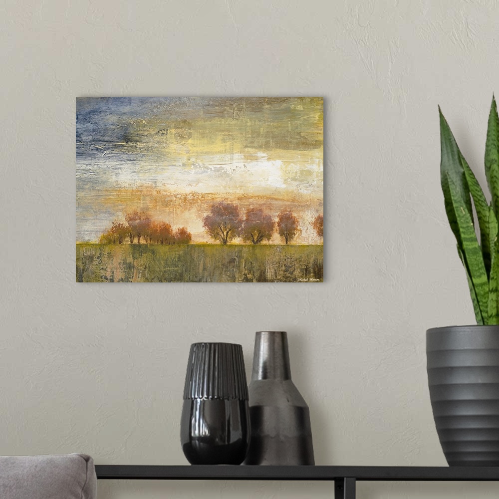 A modern room featuring This decorative accent is a stylized landscape painting of several trees growing on an unnaturall...