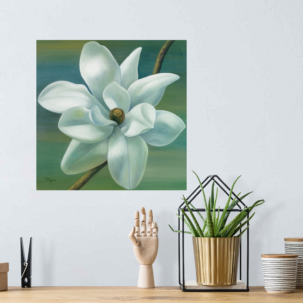 A bohemian room featuring Giant, square, floral painting of a fully bloomed star magnolia on a thin branch, on a background...