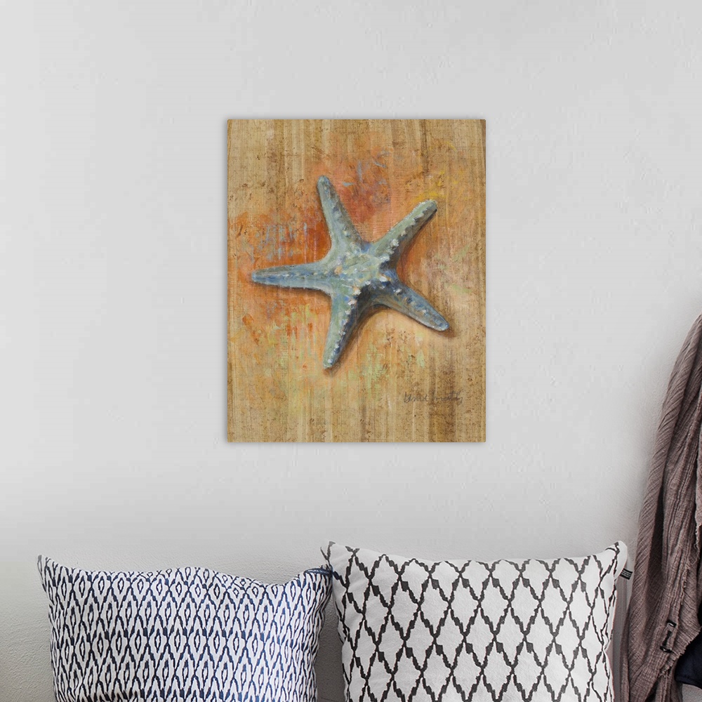 A bohemian room featuring Contemporary painting of a blue starfish on a tan background with orange coloring.