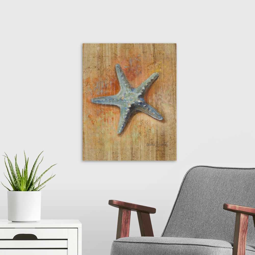 A modern room featuring Contemporary painting of a blue starfish on a tan background with orange coloring.