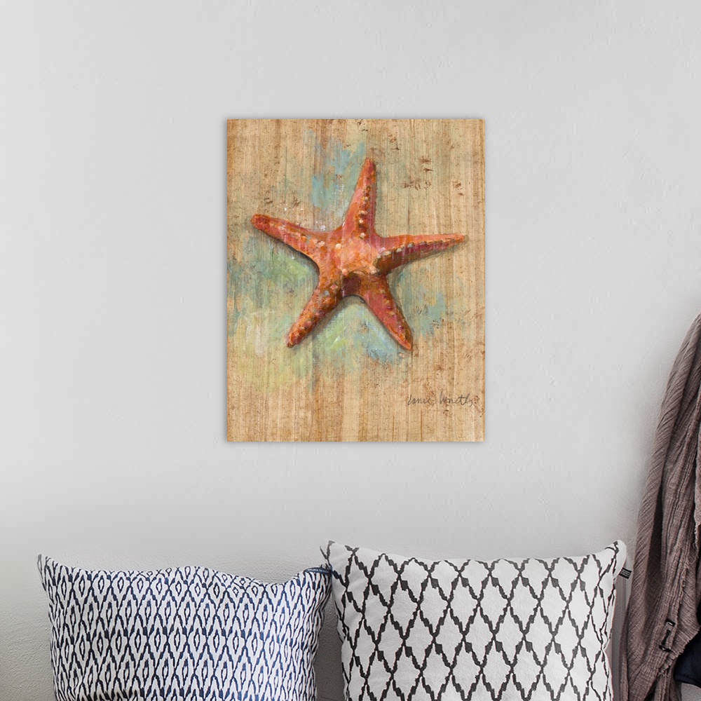A bohemian room featuring Contemporary painting of an orange starfish on a tan background with blue coloring.