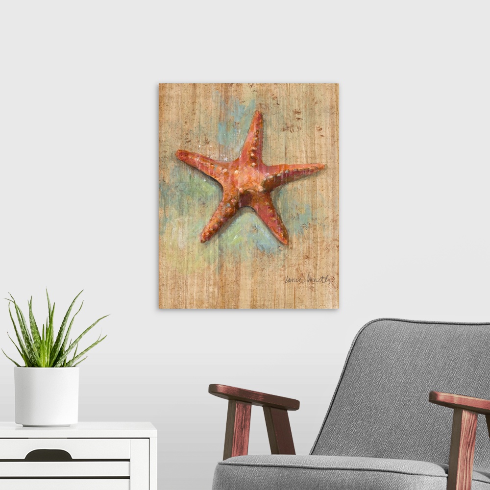 A modern room featuring Contemporary painting of an orange starfish on a tan background with blue coloring.