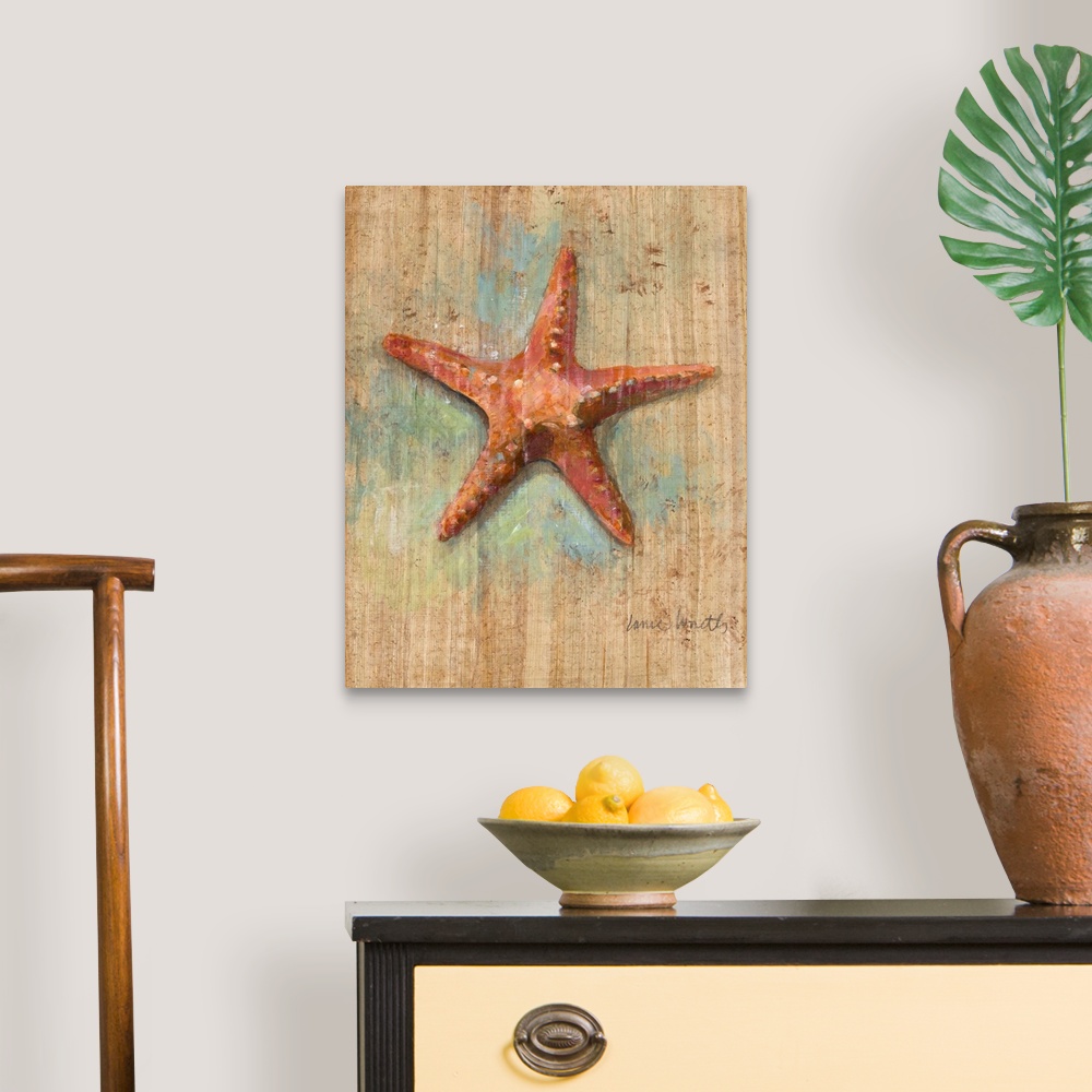 A traditional room featuring Contemporary painting of an orange starfish on a tan background with blue coloring.