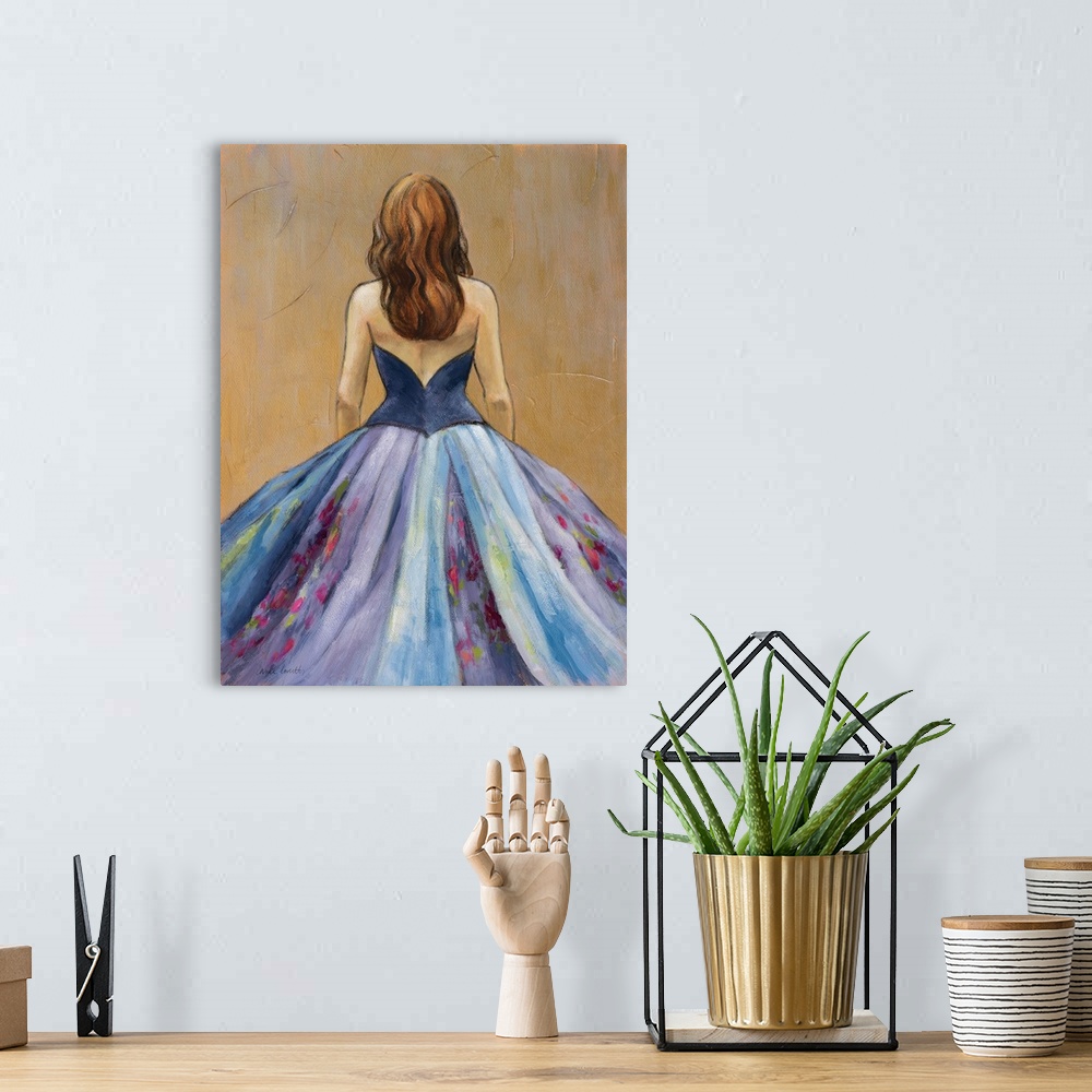 A bohemian room featuring Contemporary artwork of a back view featuring a woman wearing a blue dress with flowers.
