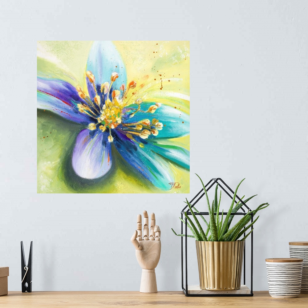 A bohemian room featuring Contemporary painting of a vibrant blue green flower against a bright green background.