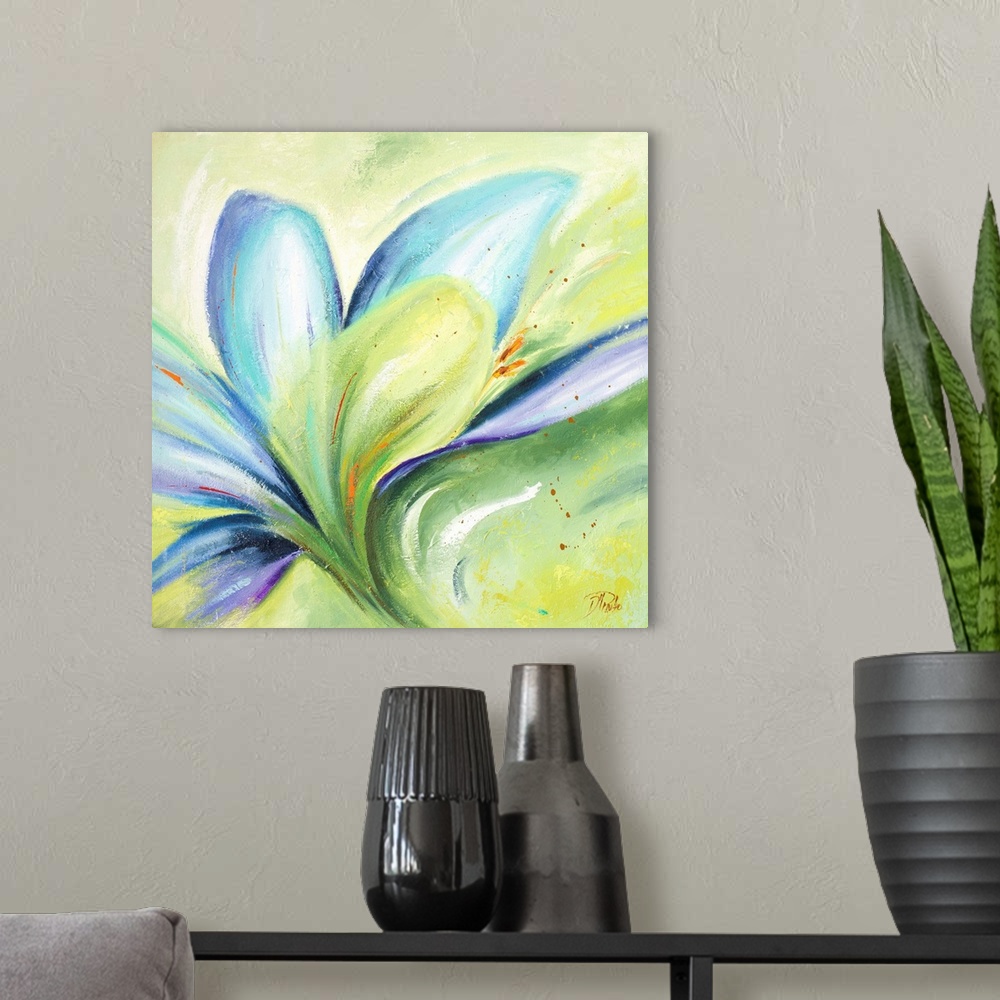 A modern room featuring Contemporary painting of a vibrant blue green flower against a bright green background.