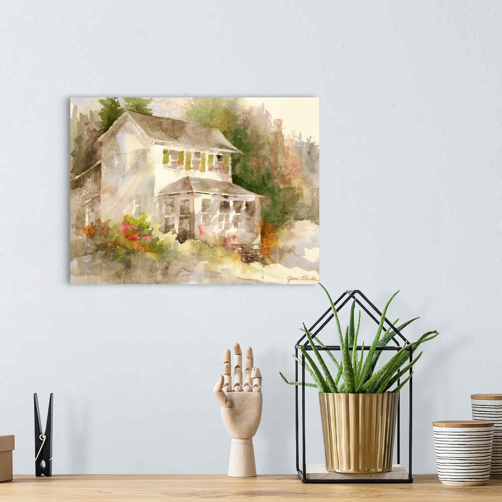 A bohemian room featuring Contemporary watercolor painting of a countryside cottage.