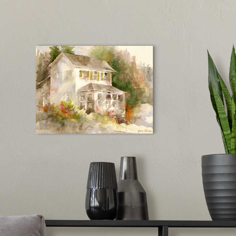 A modern room featuring Contemporary watercolor painting of a countryside cottage.