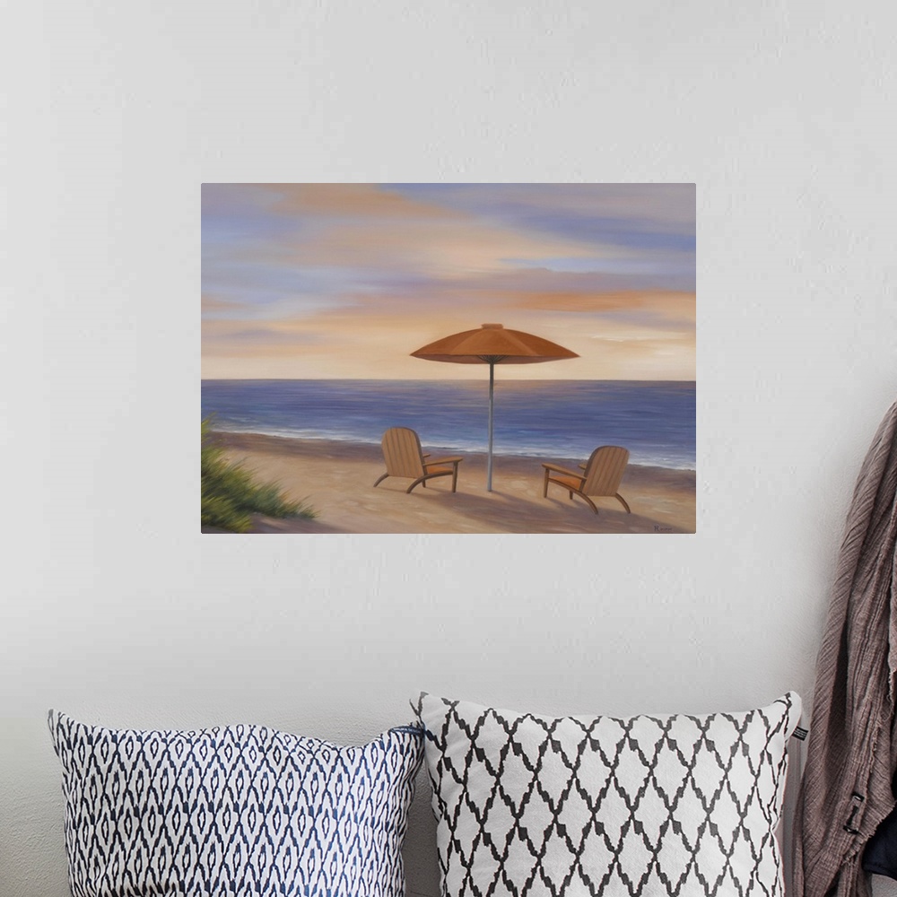 A bohemian room featuring Big painting on canvas of two chairs and an umbrella set up on a beach in front of the ocean at s...
