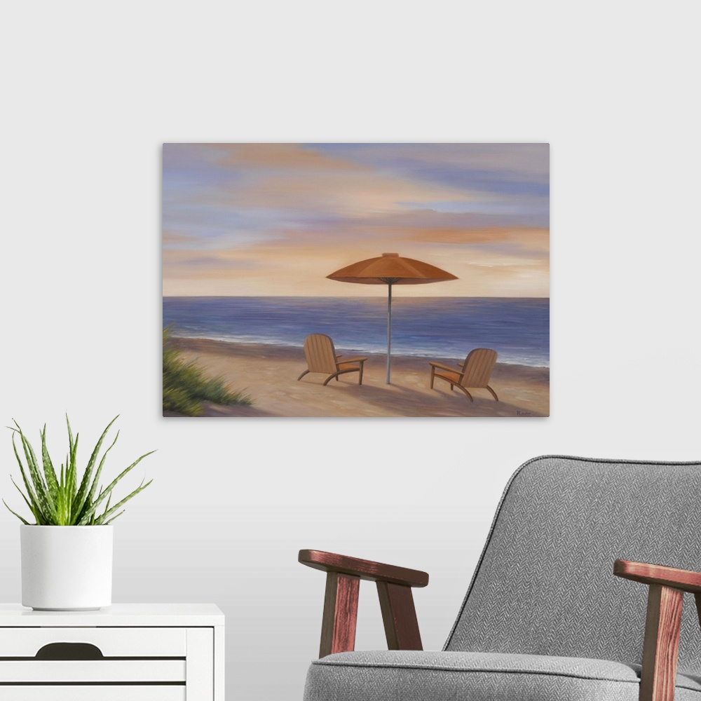 A modern room featuring Big painting on canvas of two chairs and an umbrella set up on a beach in front of the ocean at s...