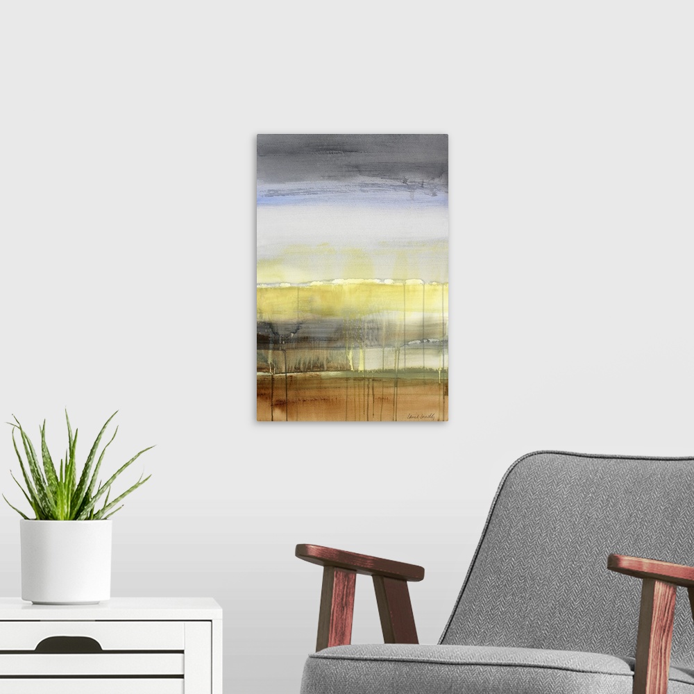 A modern room featuring Abstract painting featuring  rows of soft washes of color dripping and blending into one another.