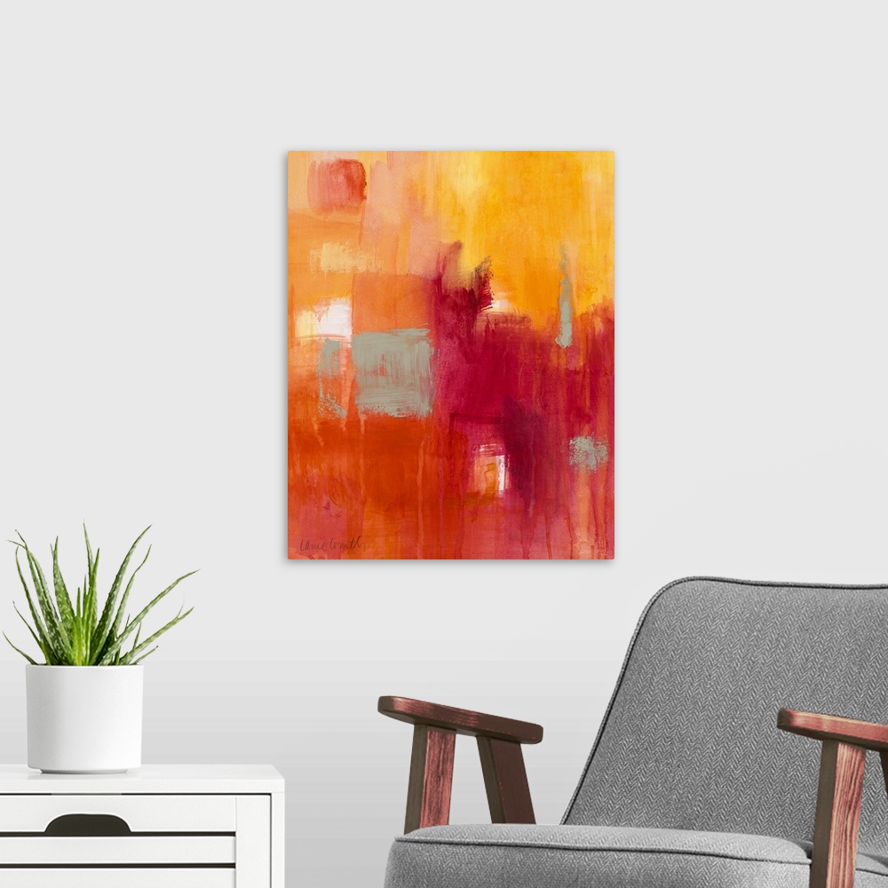 A modern room featuring Vertical, abstract painting on a big canvas of patches of transitioning colors in warm tones and ...