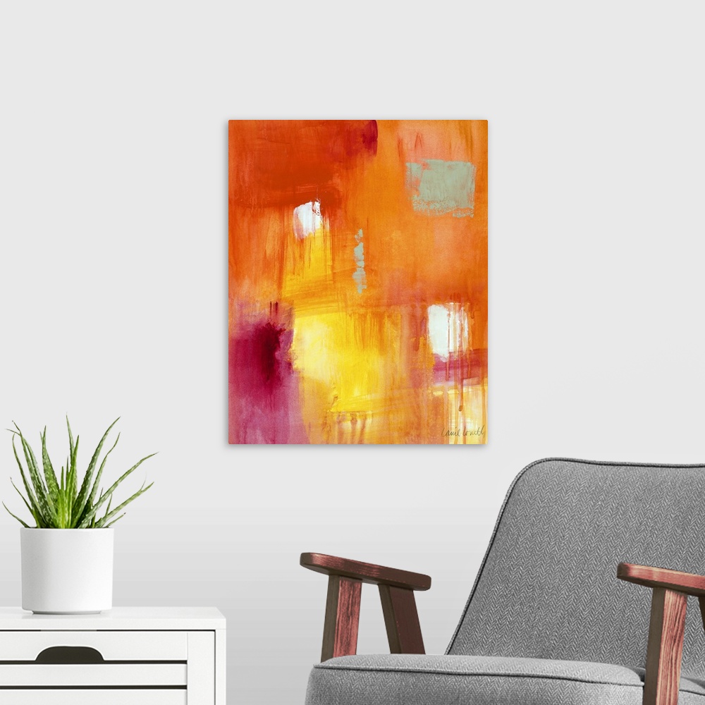 A modern room featuring Contemporary abstract watercolor painting with dripping paint and square-like shapes created from...