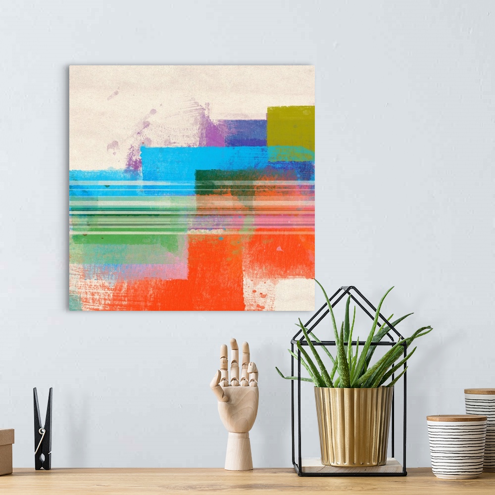A bohemian room featuring This contemporary artwork features blocks of bright color layered on top of each other with stria...