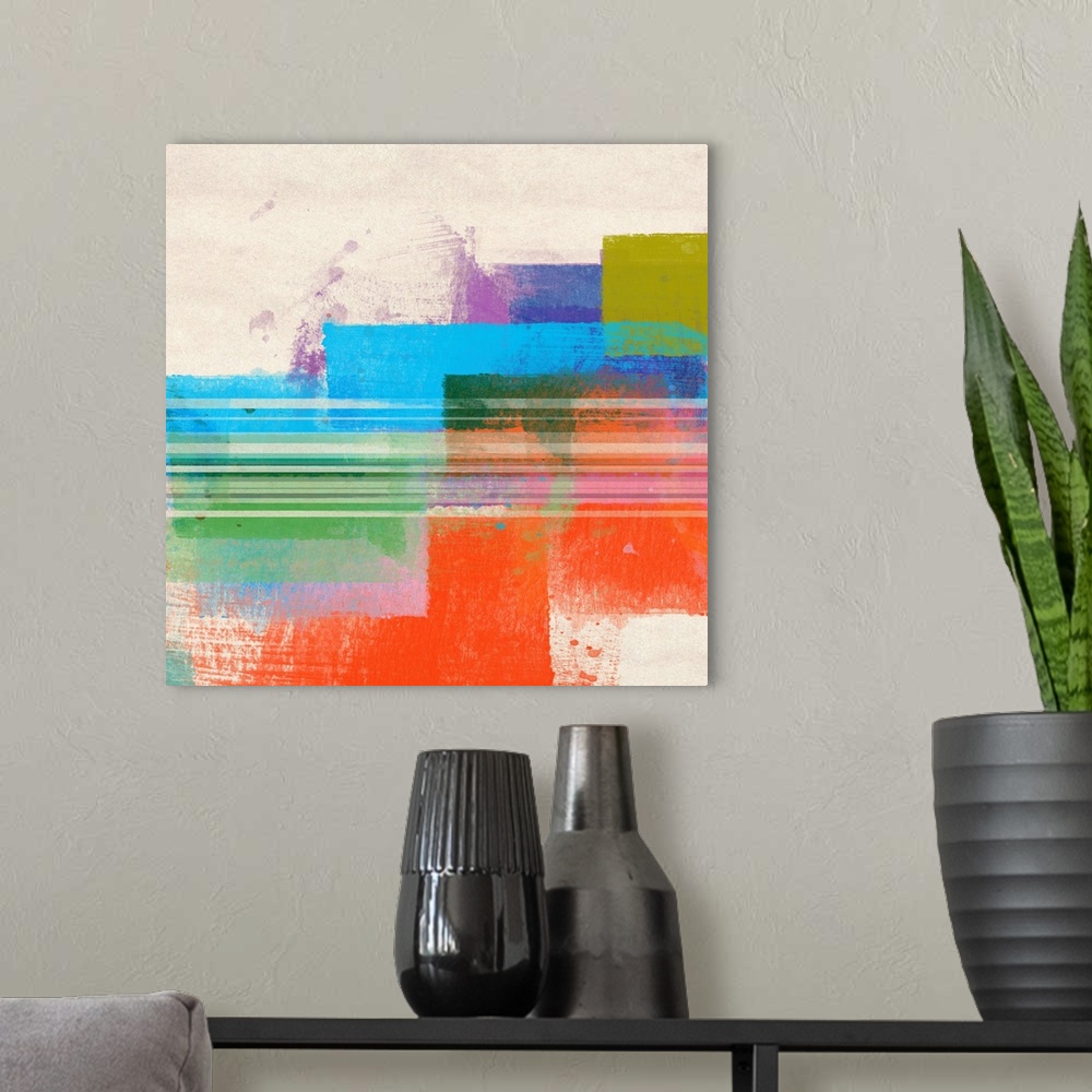 A modern room featuring This contemporary artwork features blocks of bright color layered on top of each other with stria...