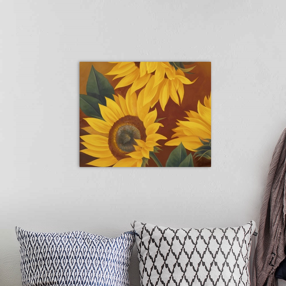A bohemian room featuring Big painting on canvas of three big sunflowers against a dark background.
