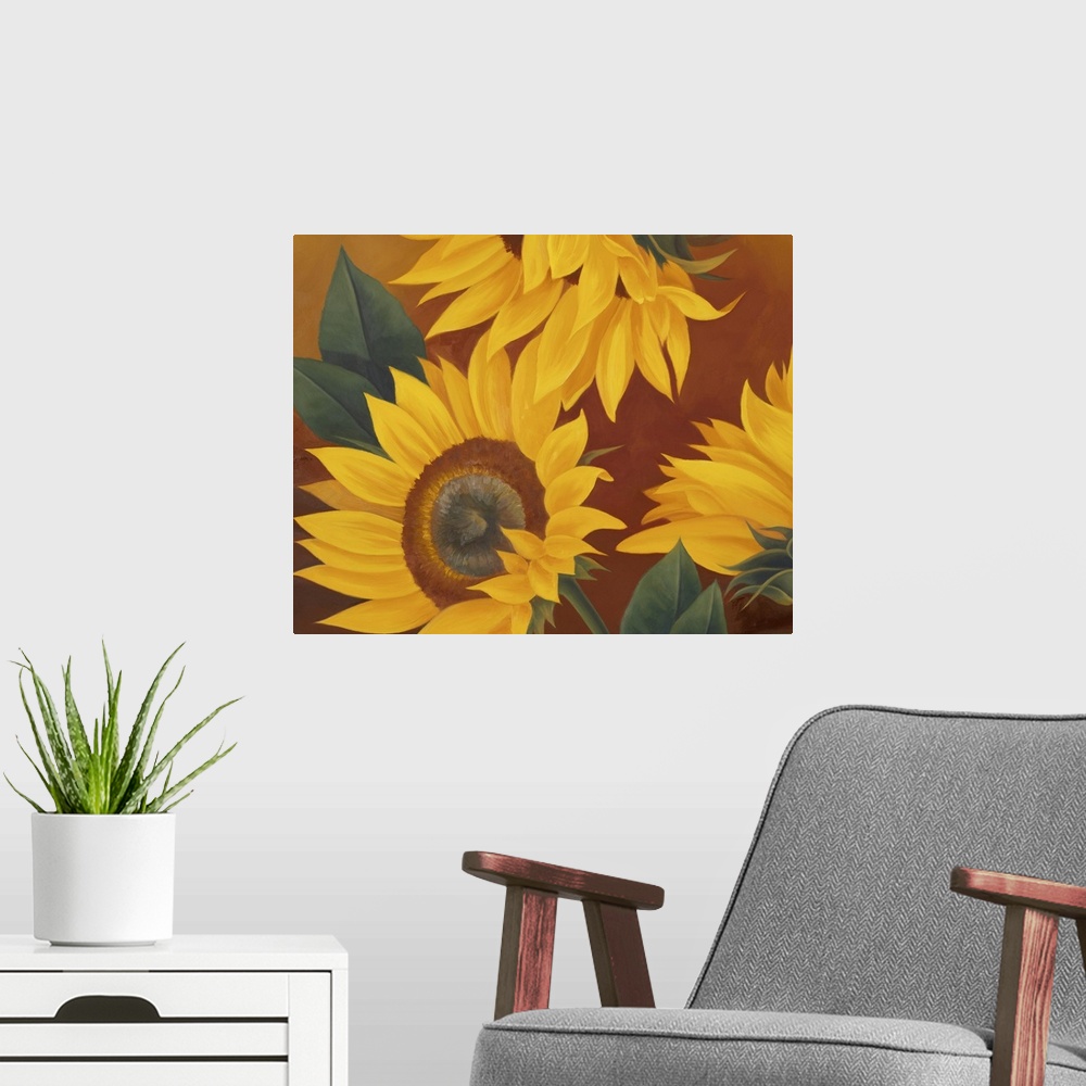 A modern room featuring Big painting on canvas of three big sunflowers against a dark background.