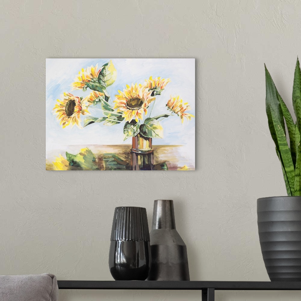 A modern room featuring Sunflowers On Golden Vase