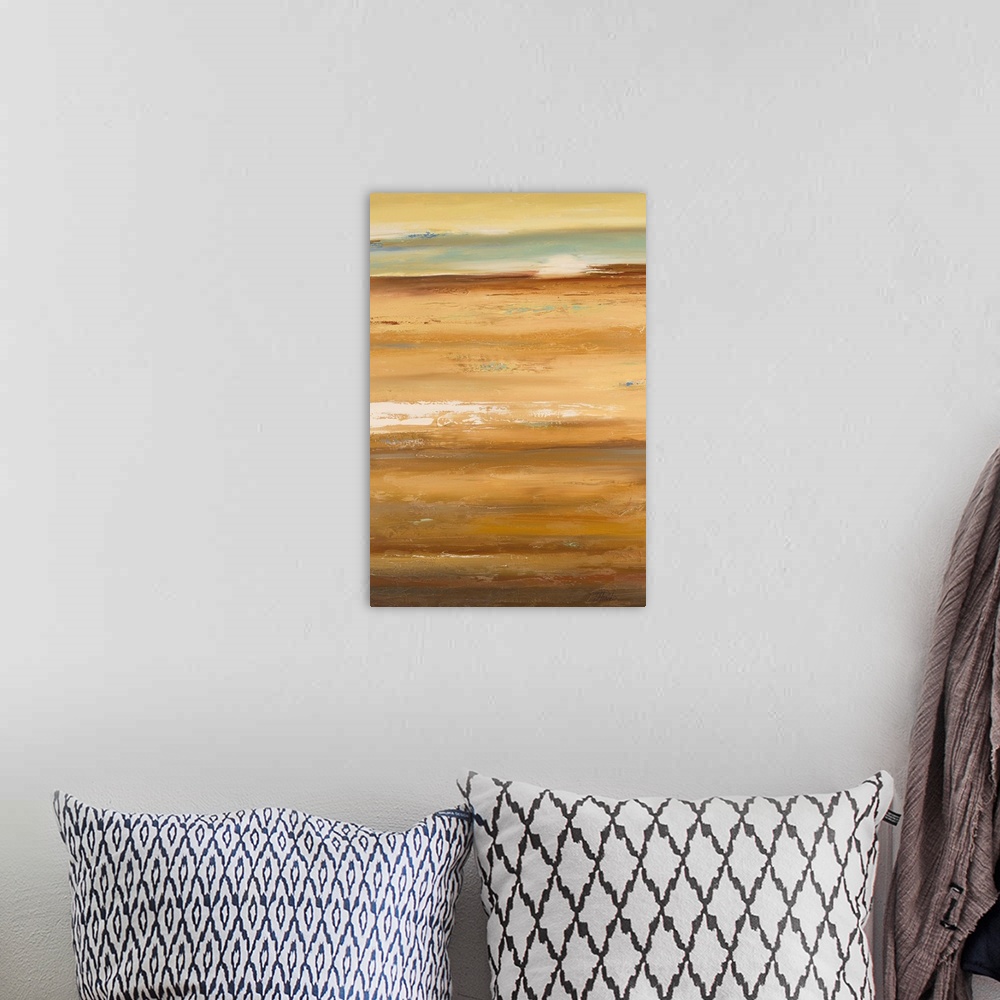 A bohemian room featuring Vertical abstract painting of many horizontal stripes indicating a landscape, with the sun rising...
