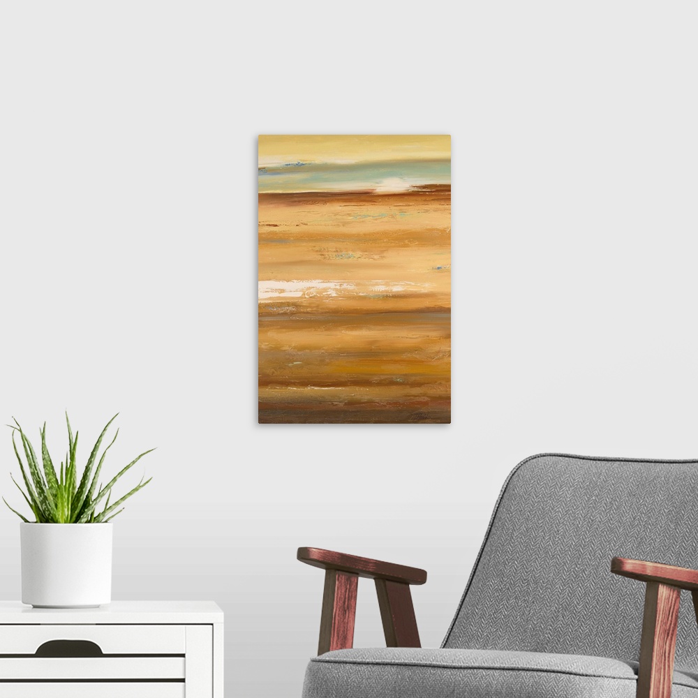 A modern room featuring Vertical abstract painting of many horizontal stripes indicating a landscape, with the sun rising...