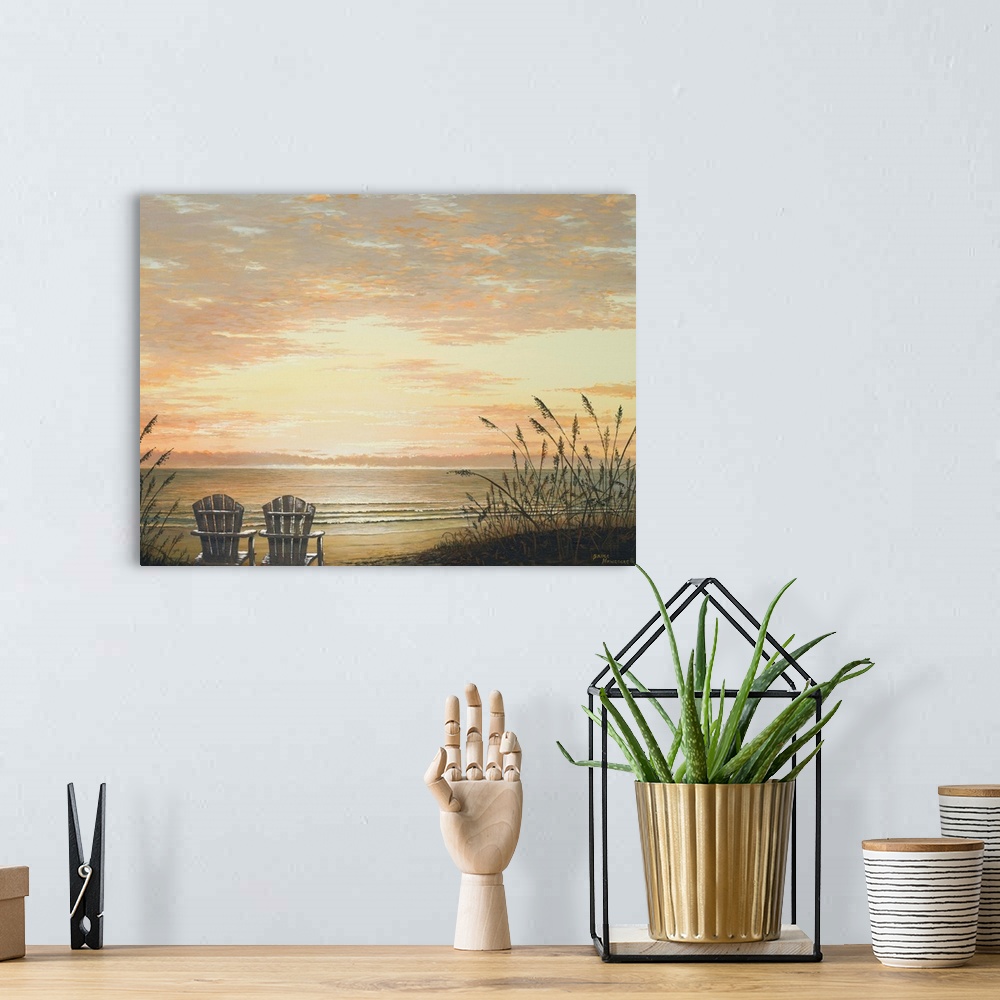 A bohemian room featuring Contemporary painting of two adirondack chairs in the sand overlooking the beach at sunset.