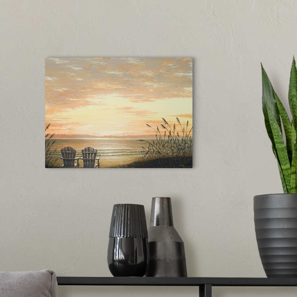 A modern room featuring Contemporary painting of two adirondack chairs in the sand overlooking the beach at sunset.