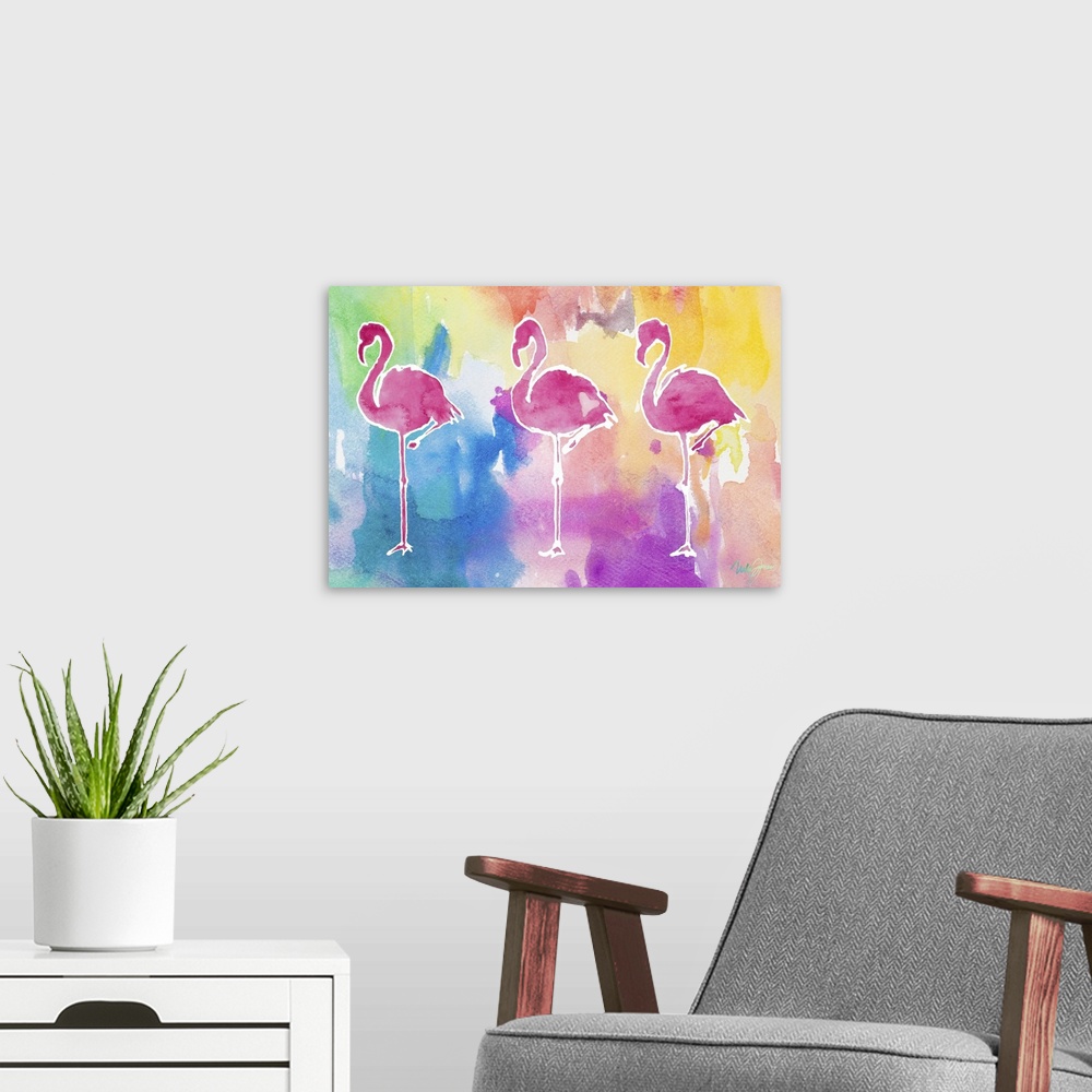 A modern room featuring Watercolor painting of three pink flamingo silhouettes on a background made with all of the color...