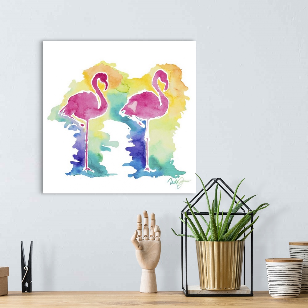 A bohemian room featuring Square watercolor painting two pink flamingo silhouettes with a colorful background.
