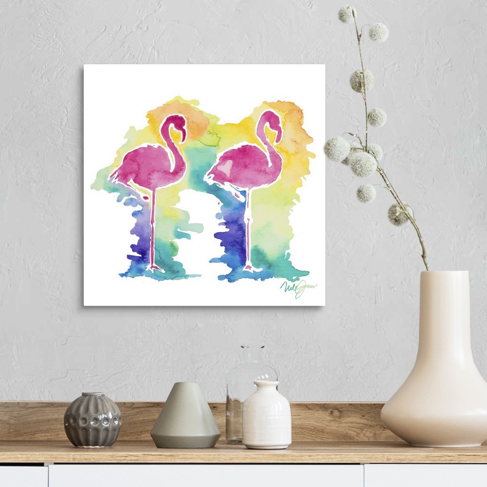 A farmhouse room featuring Square watercolor painting two pink flamingo silhouettes with a colorful background.