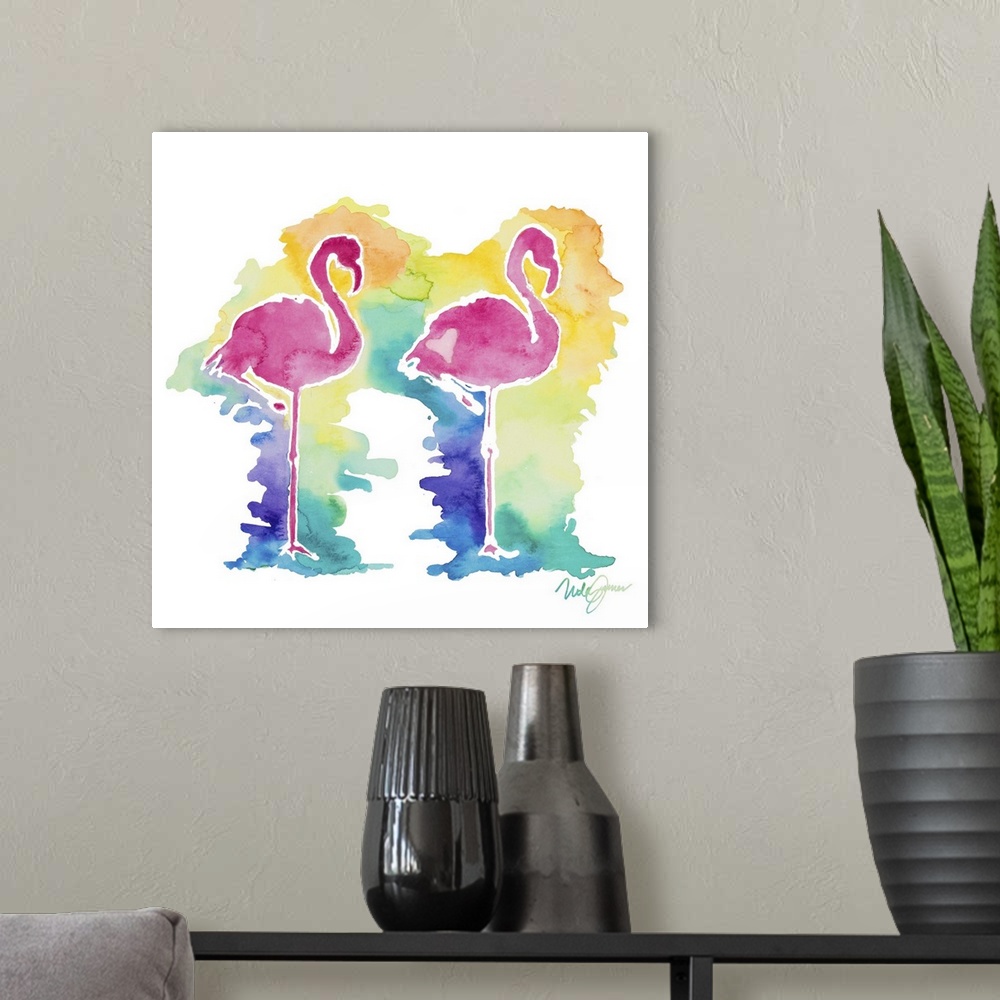 A modern room featuring Square watercolor painting two pink flamingo silhouettes with a colorful background.