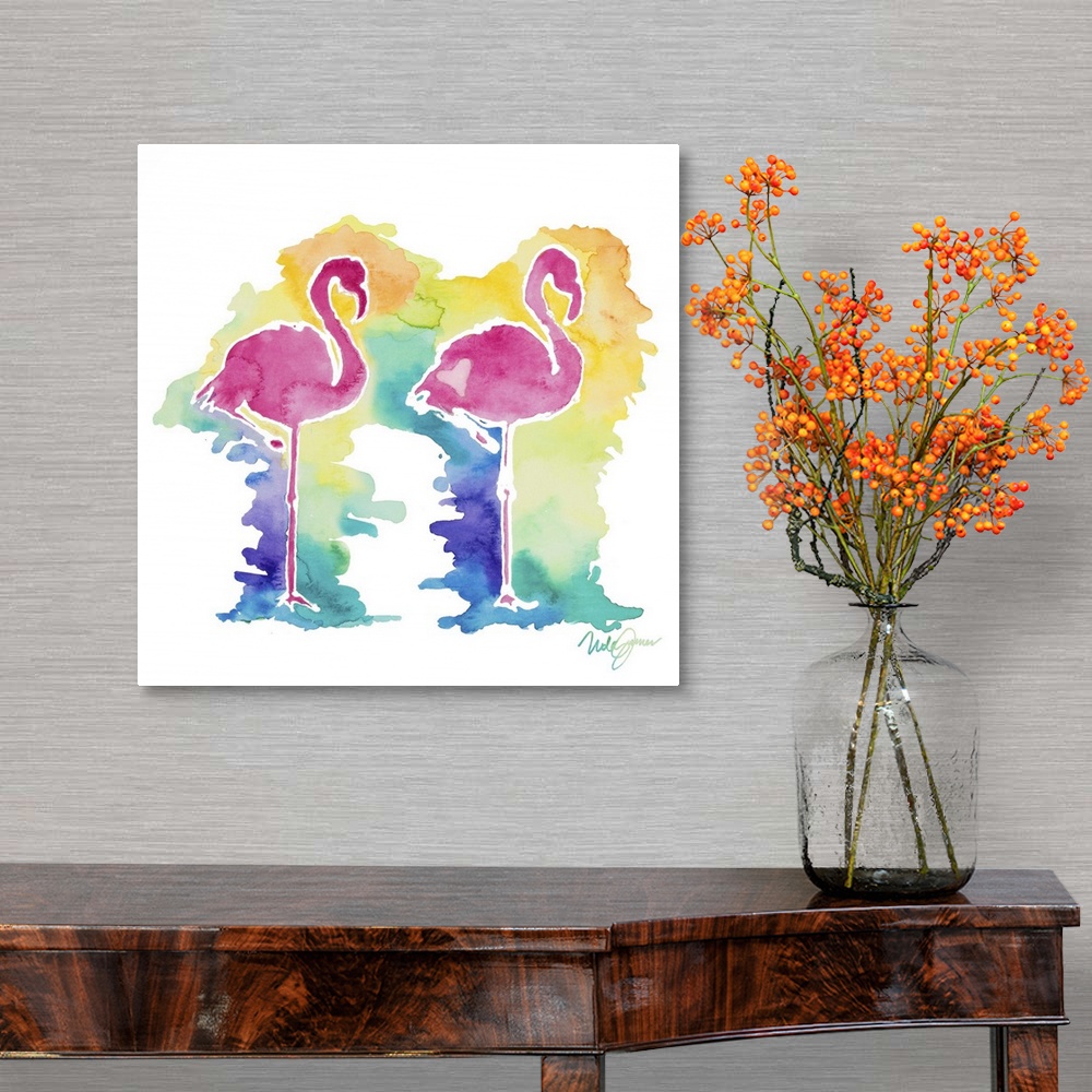 A traditional room featuring Square watercolor painting two pink flamingo silhouettes with a colorful background.