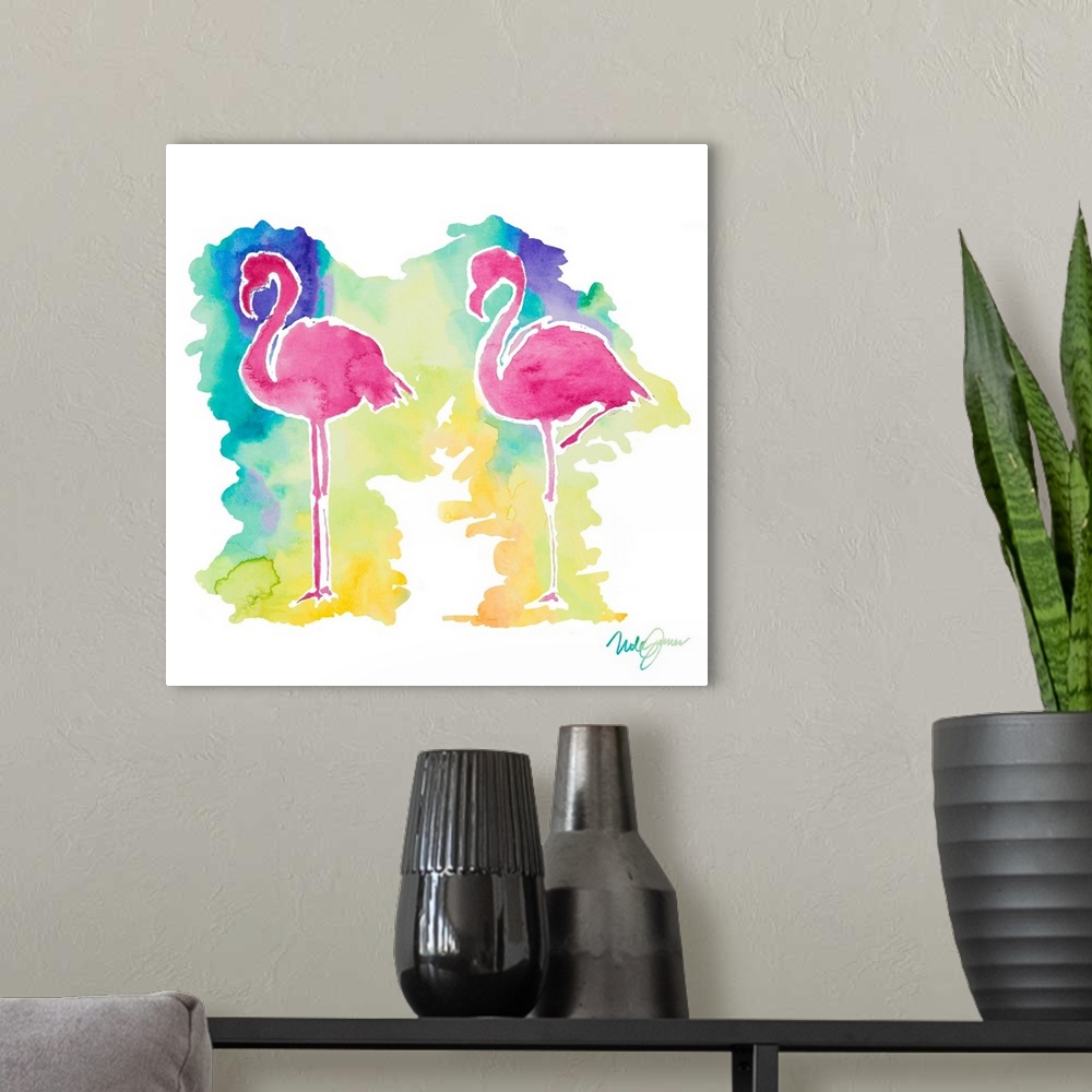 A modern room featuring Square watercolor painting two pink flamingo silhouettes with a colorful background.