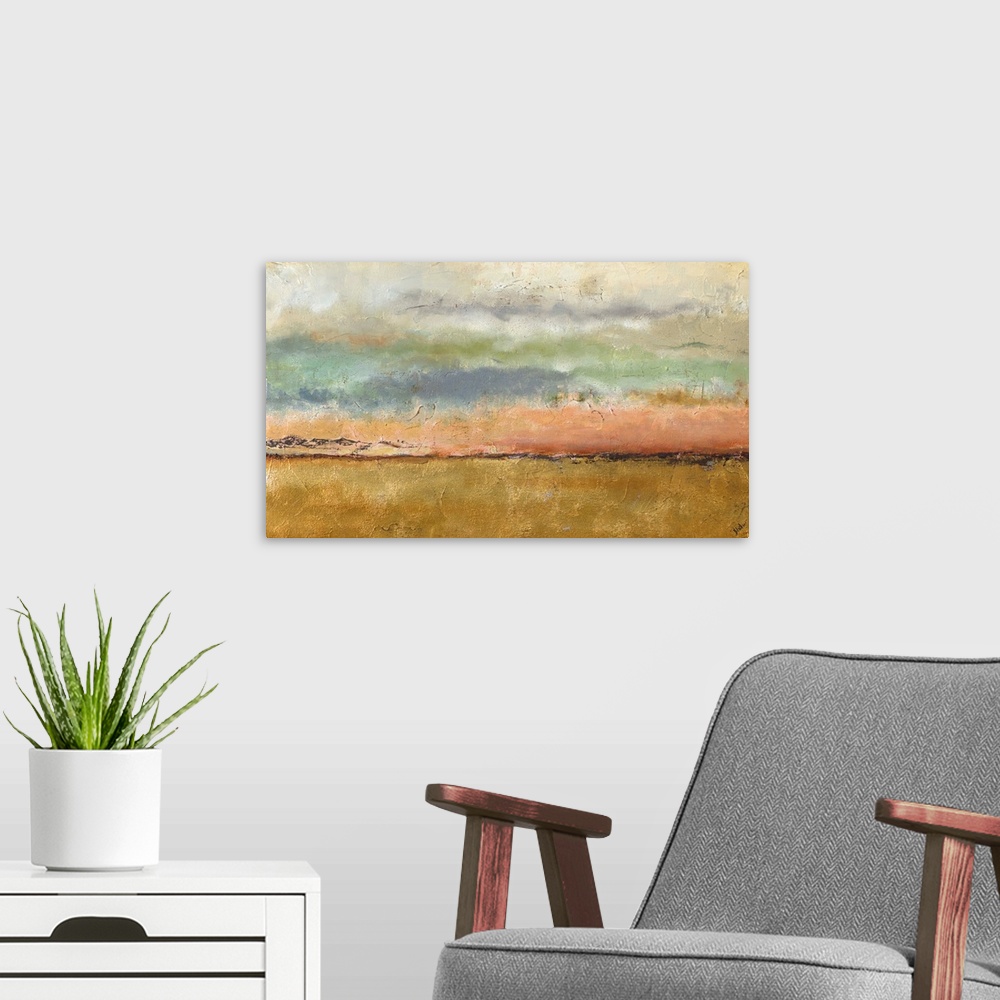 A modern room featuring An abstract painting of a sunset  with a golden strip under the horizon representing a corn field.