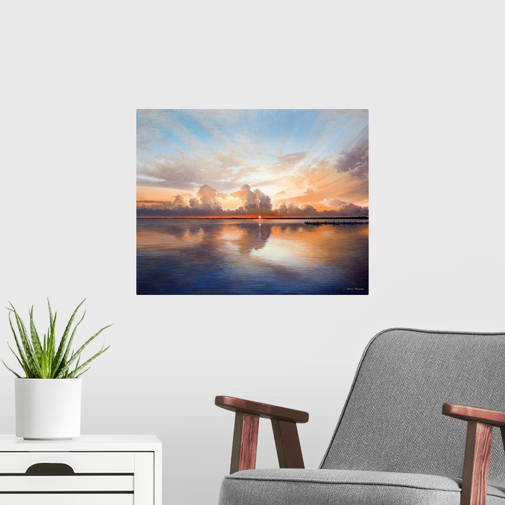 A modern room featuring Sunset over Lake