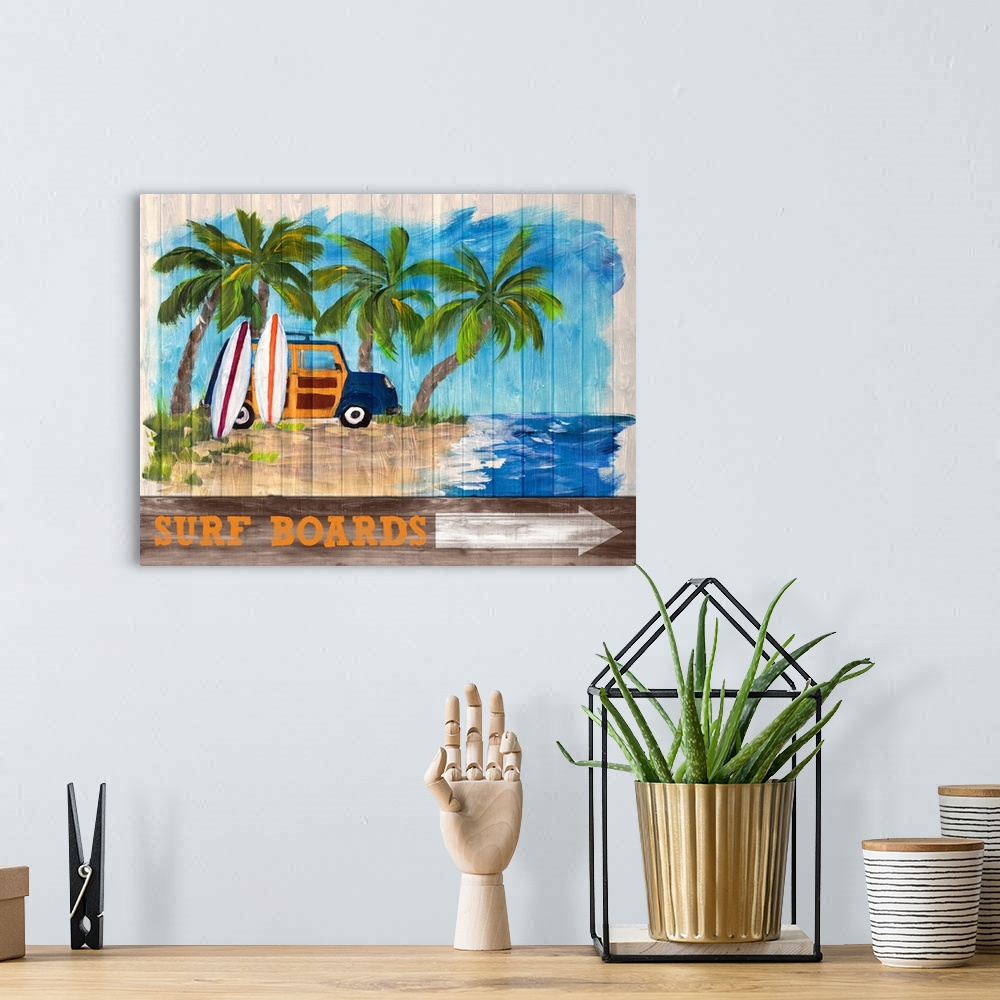 A bohemian room featuring Contemporary painting of a blue and woody wagon with two surfboards leaning on it, parked on the ...