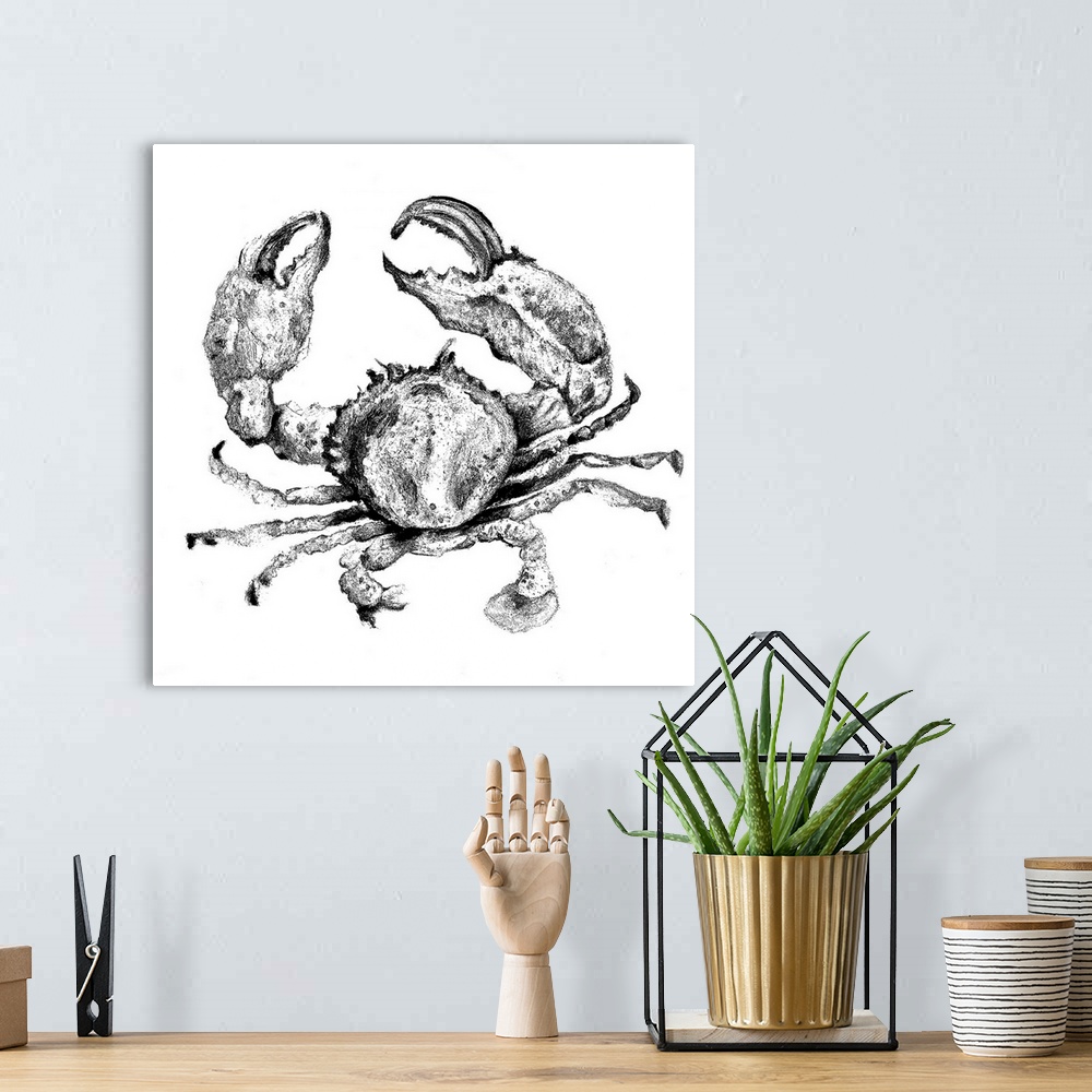 A bohemian room featuring Artwork of a crab with its pincers alert with a sketchy look to the image.