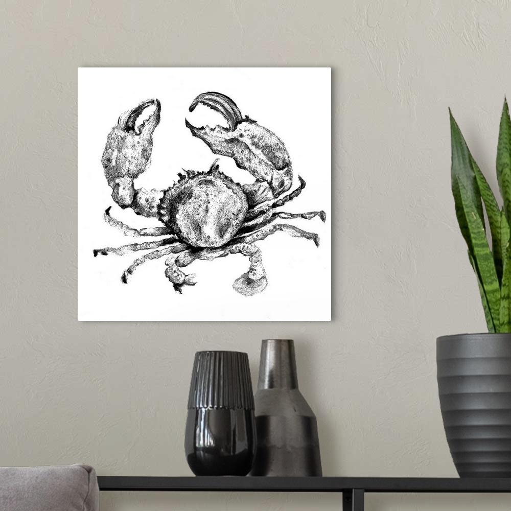 A modern room featuring Artwork of a crab with its pincers alert with a sketchy look to the image.