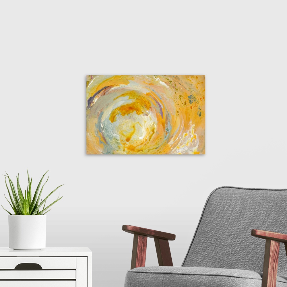 A modern room featuring In this contemporary artwork, a swirl of bright yellows tug on shades of white and pops of purple.