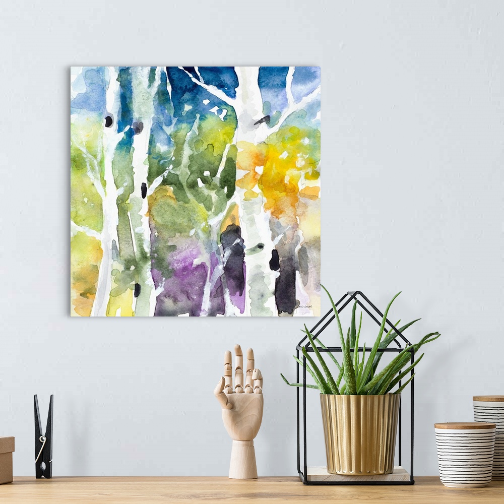 A bohemian room featuring Contemporary artwork featuring energetic watercolor dabs of color revealing birch trees in the ne...