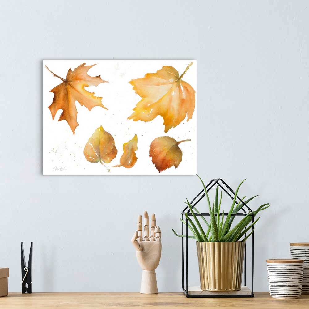 A bohemian room featuring Watercolor painting of a collection of autumn leaves.