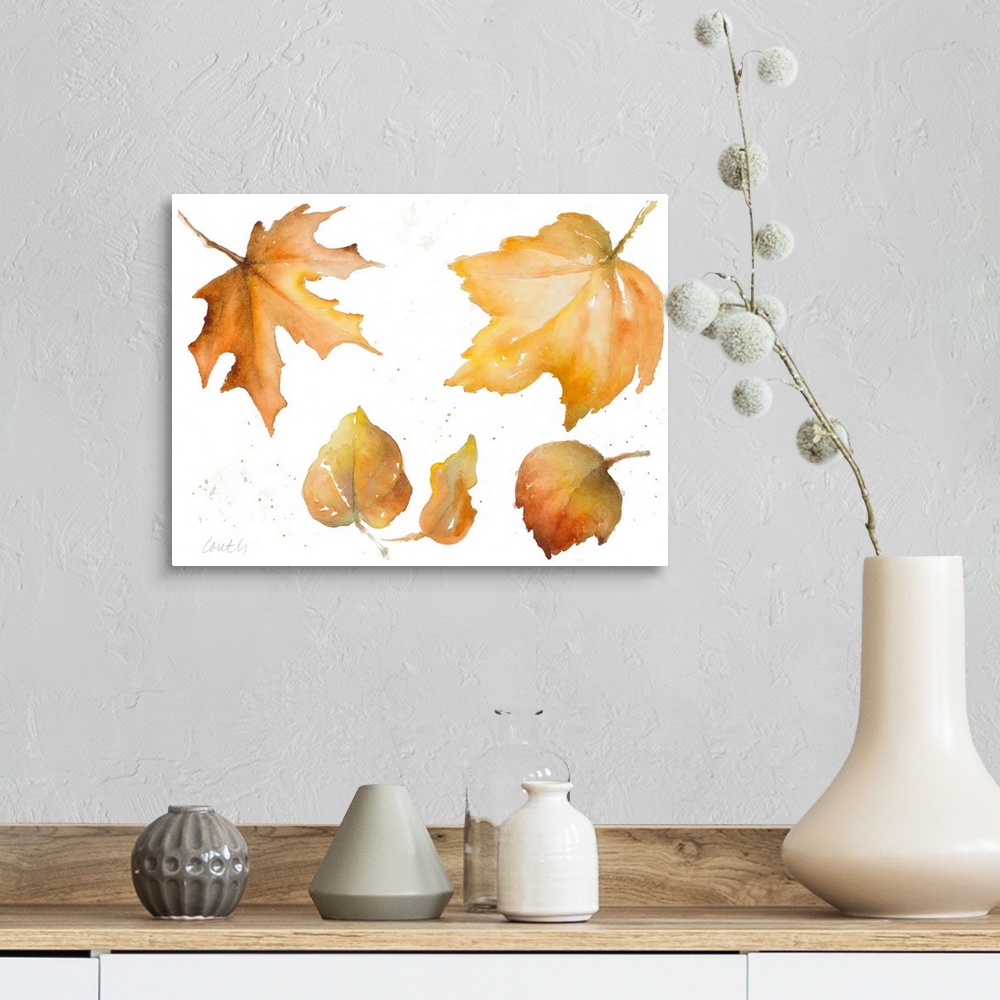 A farmhouse room featuring Watercolor painting of a collection of autumn leaves.