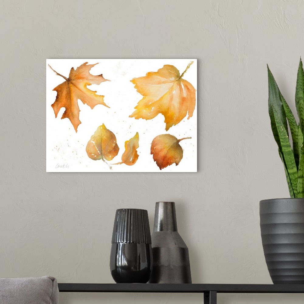 A modern room featuring Watercolor painting of a collection of autumn leaves.