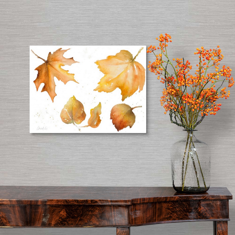 A traditional room featuring Watercolor painting of a collection of autumn leaves.