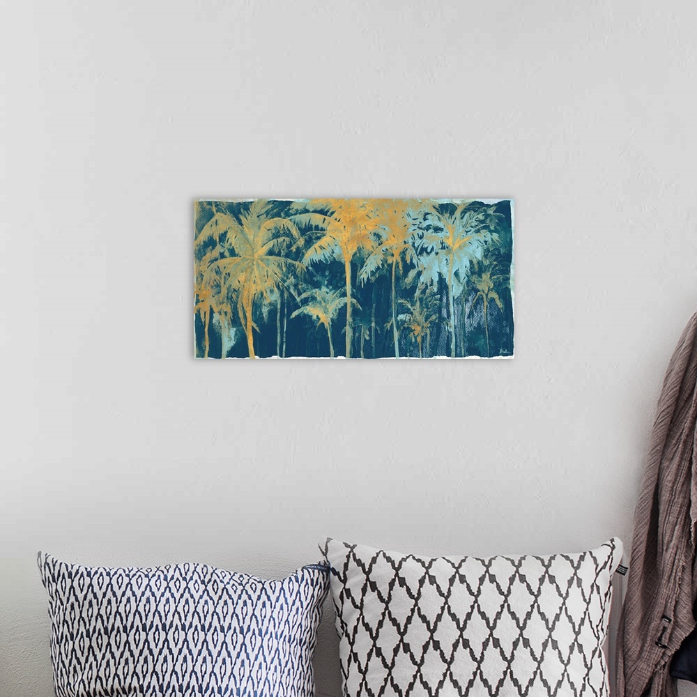 A bohemian room featuring A tropical watercolor painting of gold and teal palm trees on a dark blue background.