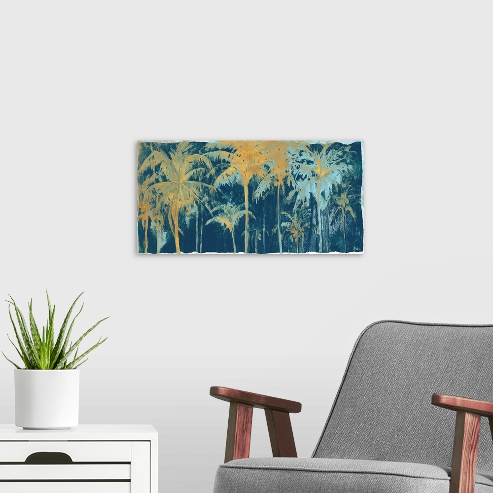 A modern room featuring A tropical watercolor painting of gold and teal palm trees on a dark blue background.