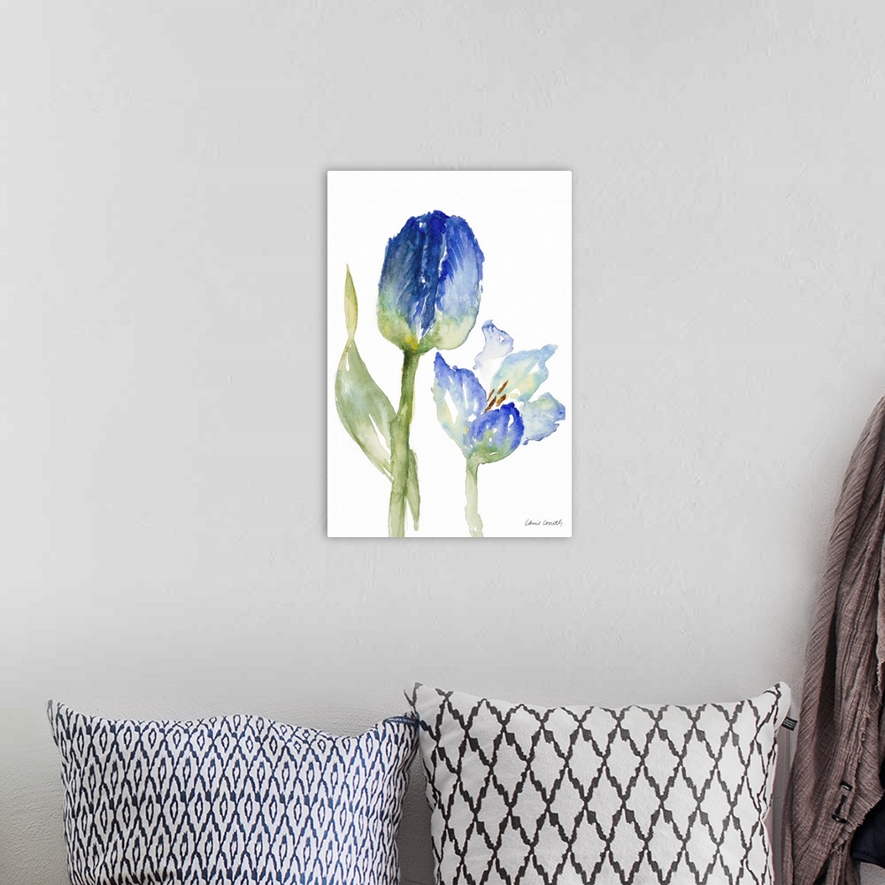 A bohemian room featuring Contemporary artwork featuring blue watercolor tulips against a white background.