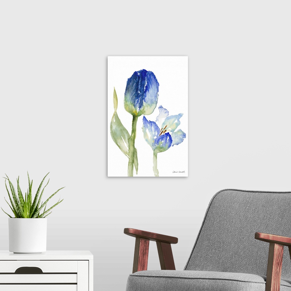 A modern room featuring Contemporary artwork featuring blue watercolor tulips against a white background.