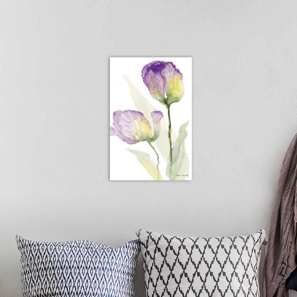 A bohemian room featuring Contemporary artwork featuring purple watercolor tulips against a white background.